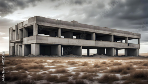 abandoned ruined concrete industrial brutalist building in desert landscape