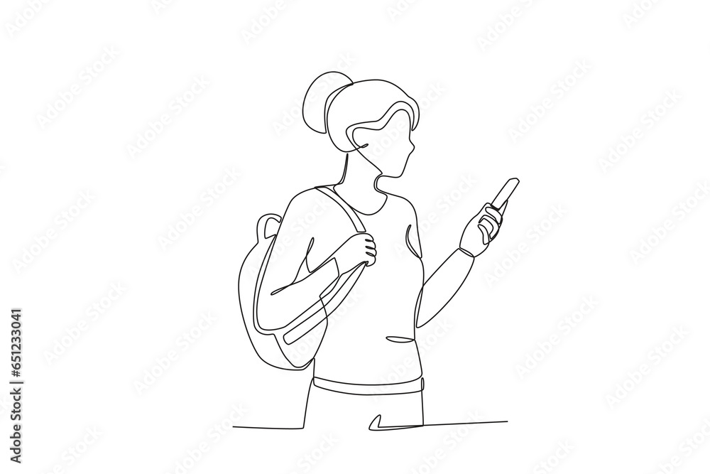 A student uses his cellphone. International students day one-line drawing A student uses his cellphone. International students day one-line drawing