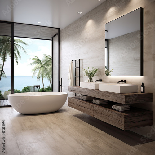 Interior design modern minimal bathroom, interior luxury style, resort or hotel, interior design minimal style, three-dimensional, generative ai.