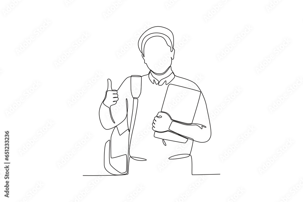 A student holding a book with a thumbs-up. International students day one-line drawing