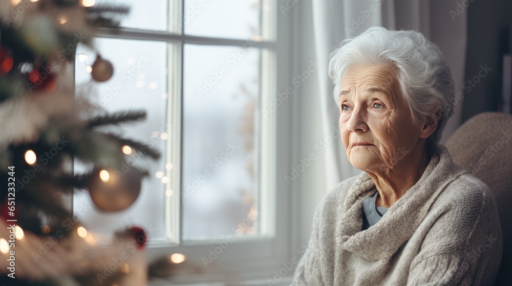 Einsames Weihnachten: Eine alleinstehende Rentnerin oder Witwe verbringt die Feiertage allein und schaut traurig und melancholisch aus dem Fenster, ältere Frau sitzt einsam neben dem Weihnachtsbaum - obrazy, fototapety, plakaty 