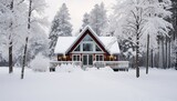 Beautiful wooden house in winter forest.