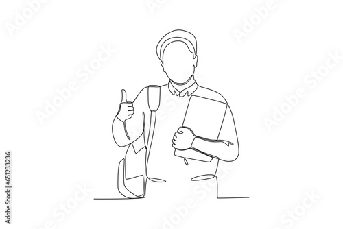 A student holding a book with a thumbs-up. International students day one-line drawing
