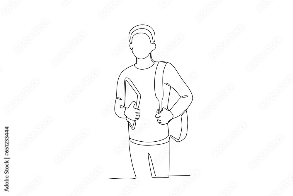 A student wears a backpack and carries a book. International students day one-line drawing