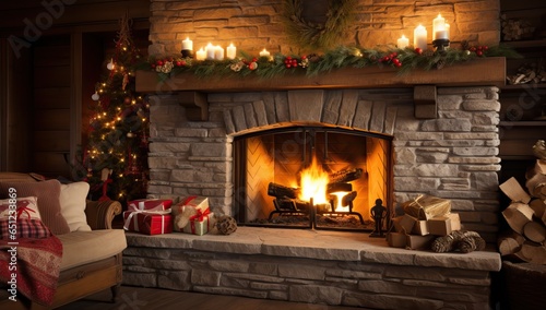 Fireplace with burning candles in cozy room decorated for Christmas.