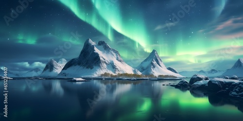 Aurora borealis above the snow covered mountains in Lofoten islands, Norway. Northern lights in winter. Night landscape with polar lights