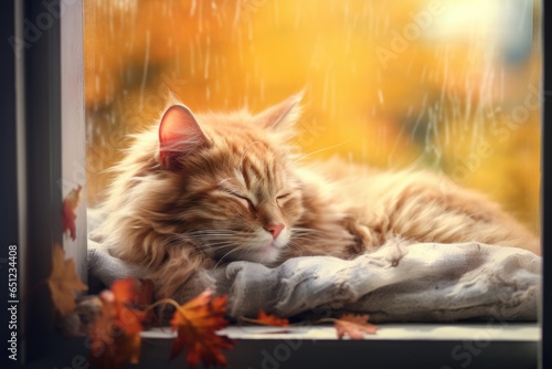 A cat sleeping on a blanket in a window sill. AI image. Cosy autumn image.