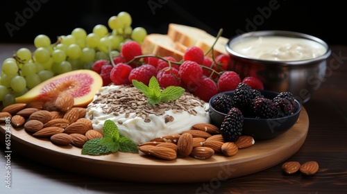 Bread nuts yoghurt and fruit on one table