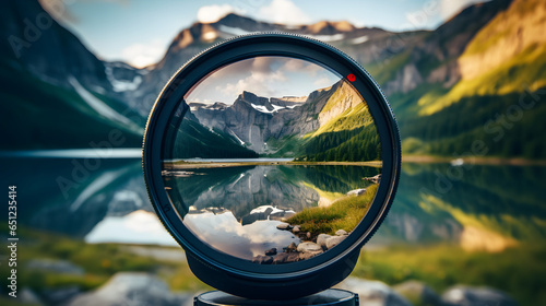 View over a beautiful mountain and lake landscape through the lense of a camera