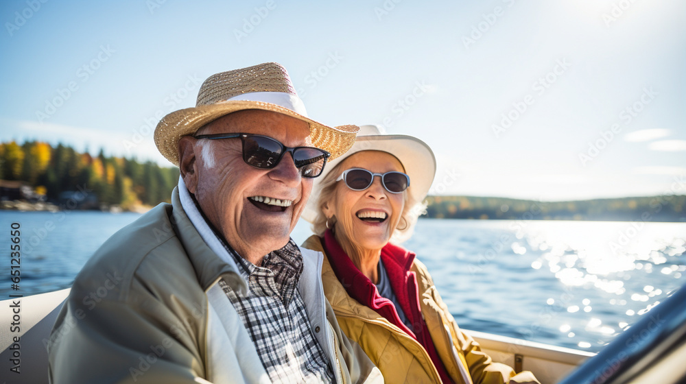 Seniors enjoying a scenic boat ride on a lake.