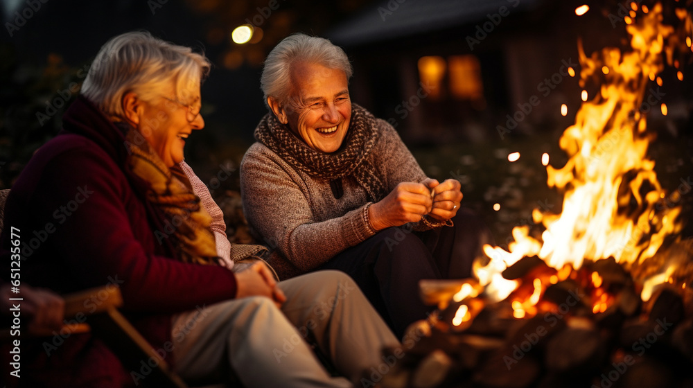 Elderly friends sharing stories around a bonfire.