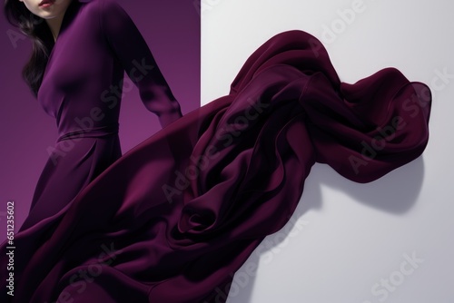 Woman, fashion model showing off Midnight Plum color fabric, dress