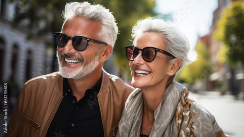 Silver-haired couple strolling hand in hand.