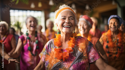 Happy seniors participating in a community dance. © Julia