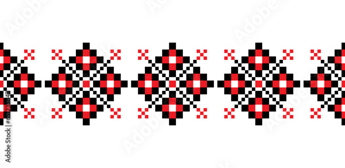Black and red vector ornament, drawing inspiration from Ukrainian folk art embroidery. Ideal for diverse textile designs. Seamless pattern.