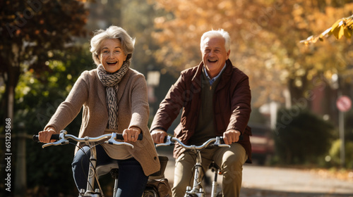 Grandparents riding bicycles through a park. © Julia
