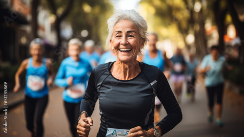 Elderly woman participating in a local charity run photo
