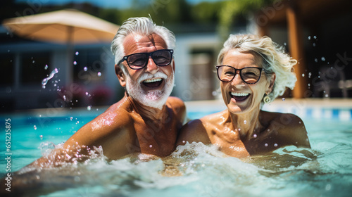 Senior couple doing water aerobics in a pool.