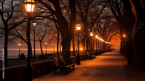 Silhouettes and Streetlights": Contrast the dark silhouettes of trees with the warm glow of street lamps.