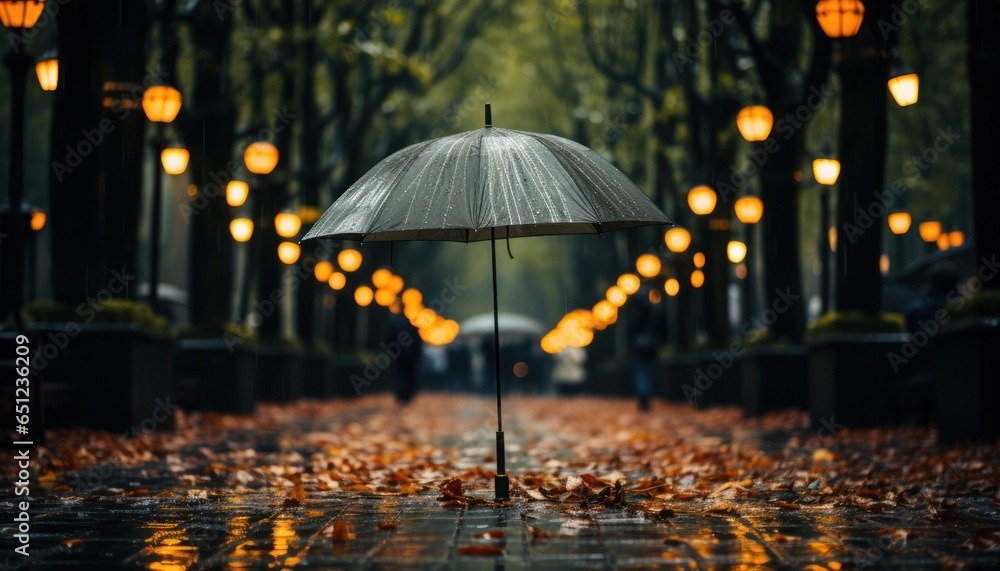 a lonely umbrella stands on an autumn alley with fallen yellow leaves and turned on lanterns