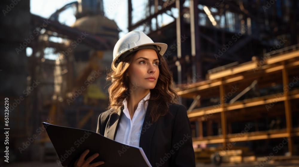 A young attractive woman in a construction helmet at a construction site with papers in her hands. A young attractive woman in a construction helmet at a construction site with papers in her hands.