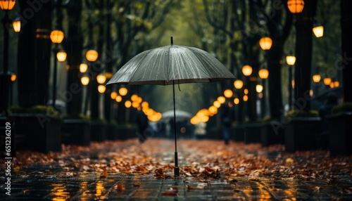 Wallpaper Mural a lonely umbrella stands on an autumn alley with fallen yellow leaves and turned on lanterns Torontodigital.ca