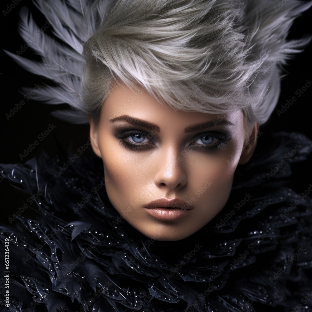 Beauty portrait of a supermodel with bright smokey eye makeup. Beautiful eyes. Feather accessories. Beauty portrait of a supermodel with bright smokey eye makeup. Beautiful eyes. Feather accessories.
