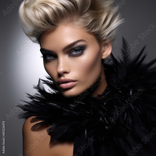 Beauty portrait of a supermodel with bright smokey eye makeup. Beautiful eyes. Feather accessories.