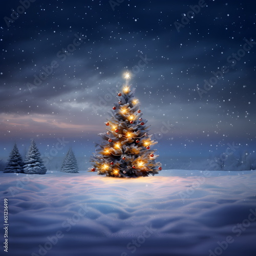  A Christmas Tree Graces the Snow-Covered Landscape under the Starry Night Sky © PetrovMedia