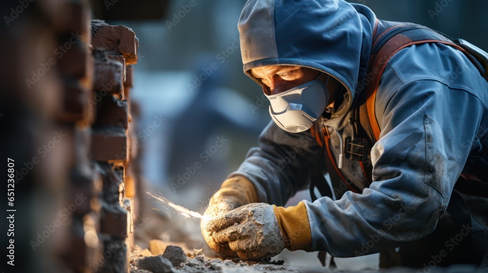 Fototapeta premium a specialist in a suit, protective mask and gloves examines the fragments of a destroyed building. consequences of destruction from an earthquake or explosion. 