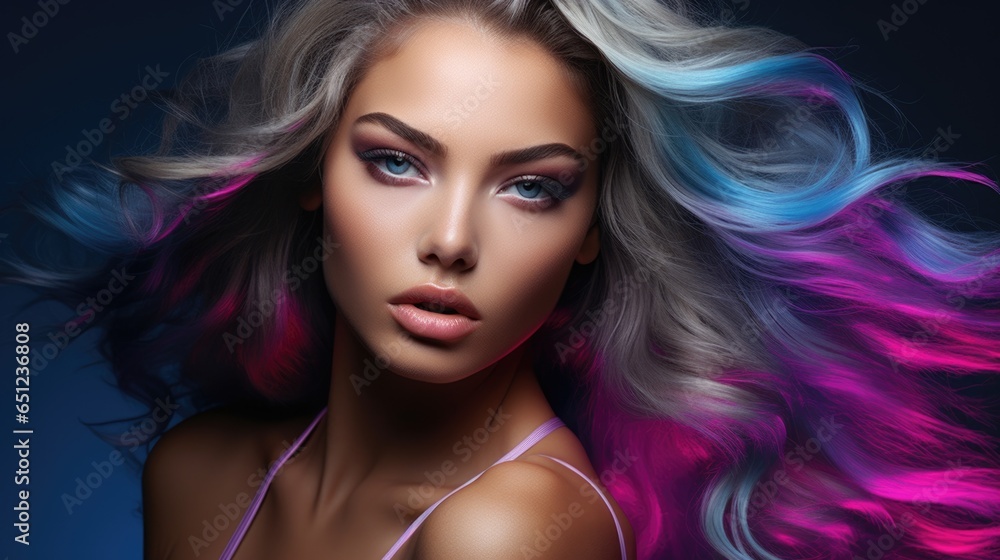 Fototapeta premium Beauty portrait of a supermodel with bright makeup. Beautiful eyes. Bright colored hair.