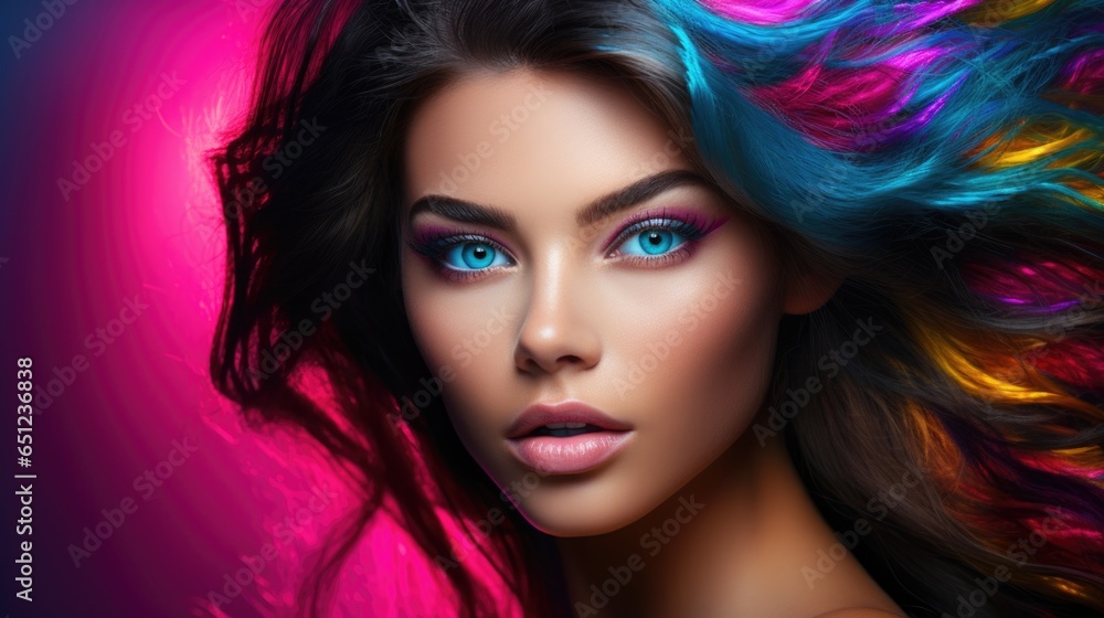 Beauty portrait of a supermodel with bright makeup. Beautiful eyes. Bright colored hair. Beauty portrait of a supermodel with bright makeup. Beautiful eyes. Bright colored hair.