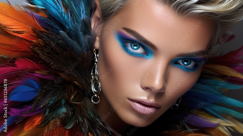 Beauty portrait of a supermodel with bright smokey eye makeup. Beautiful eyes. Feather accessories. Beauty portrait of a supermodel with bright smokey eye makeup. Beautiful eyes. Feather accessories.