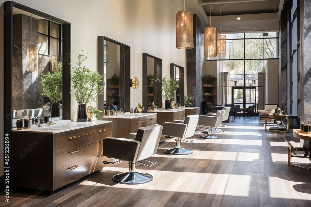 photo of a modern and elegant hair salon, with hairstylists working on clients' hair, reflecting the contemporary style and professionalism of the salon - obrazy, fototapety, plakaty 