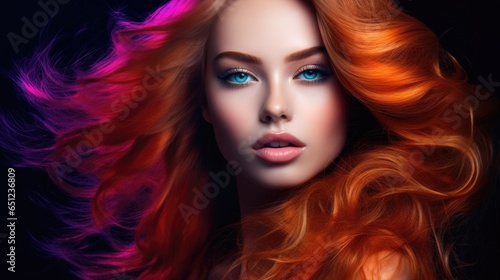 Beauty portrait of a supermodel with bright makeup. Beautiful eyes. Bright colored hair.