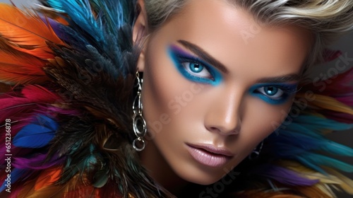 Beauty portrait of a supermodel with bright smokey eye makeup. Beautiful eyes. Feather accessories. © Restyler