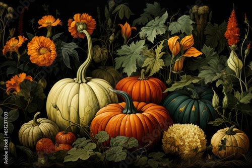 A painting of a bunch of pumpkins and flowers. AI image.