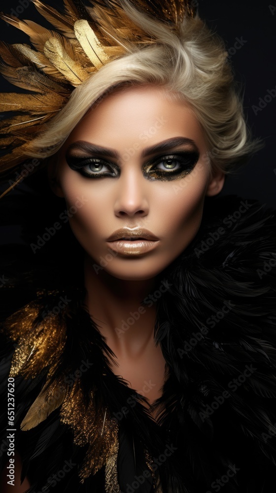 Beauty portrait of a supermodel with bright smokey eye makeup. Beautiful eyes. Feather accessories. Beauty portrait of a supermodel with bright smokey eye makeup. Beautiful eyes. Feather accessories.
