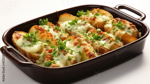 A casserole dish filled with potatoes covered in cheese and parsley. Imaginary food photo.