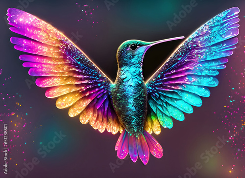 A neon glowing hummingbird with glitter, illustration photo