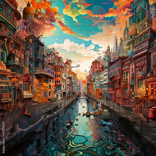 Dessin d'une ville imaginée à l'aube, très colorée et avec canal en son centre dans une ambiance bande dessinée avec beaucoup de détail  photo