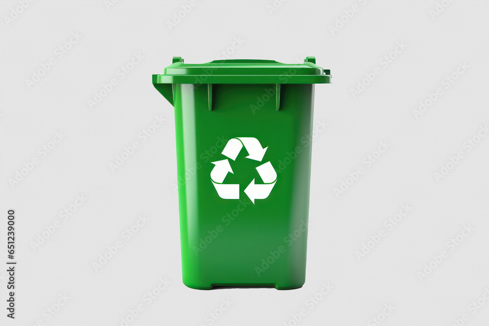 Environment-first: Green plastic recycling bin prominently displayed, advocating eco-consciousness with ample copy space, purely isolated on white backdrop. Environment-first: Green plastic recycling bin prominently displayed, advocating eco-consciousness with ample copy space, purely isolated on white backdrop.