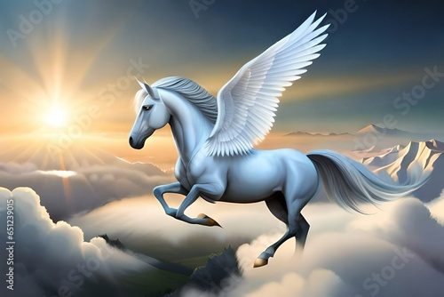 White Horse is Flying above the Clouds. Fantasy Art. AI-Generated