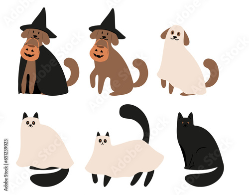 Set of Happy Halloween illustrations, Characters in costume vector clipart, kids witch ghost skeleton pet cat dog pumpkin face bat spider, Flat style images.