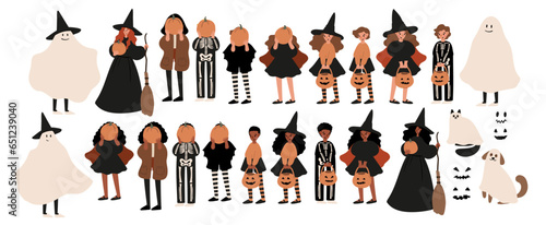 Set of Happy Halloween illustrations, Characters in costume vector clipart, kids witch ghost skeleton pet cat dog pumpkin face bat spider, Flat style images.