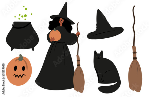 Set of Happy Halloween illustrations, Characters in costume vector clipart, kids witch ghost skeleton pet cat dog pumpkin face bat spider, Flat style images.