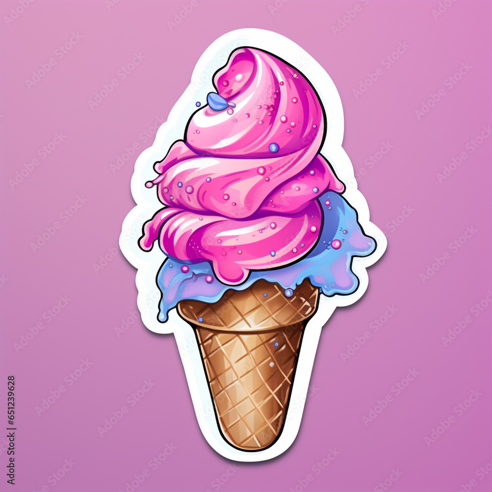 Ice cream Illustration, Flat cute ice cream cone sticker, One ice cream ...
