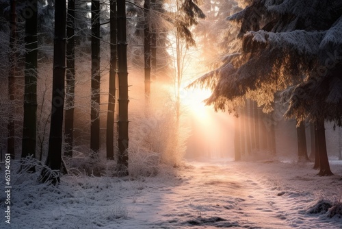 Fototapeta Naklejka Na Ścianę i Meble -  Winter forest with frost and snow, sun rays penetrate through the trees