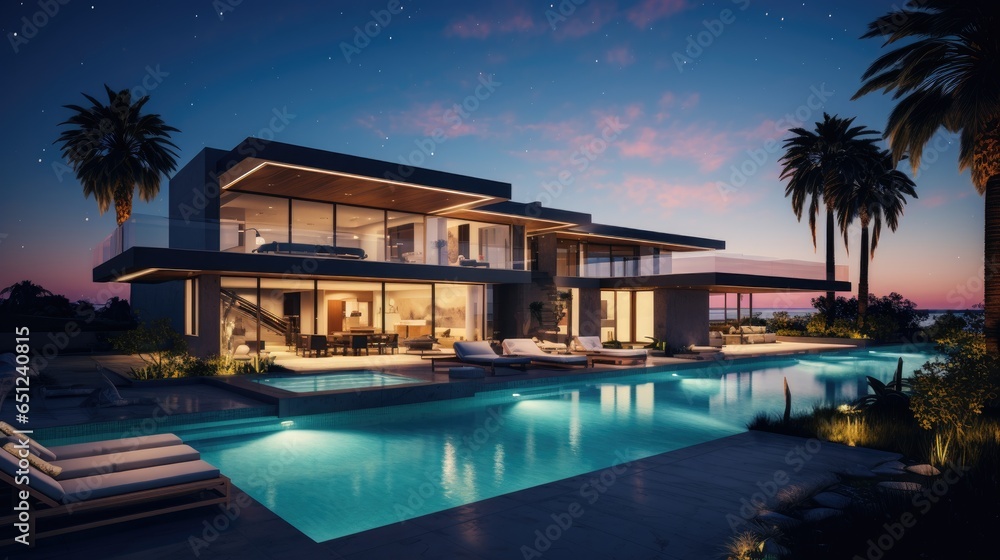 Big modern house in California with big pool and palms in the evening