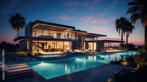 Big modern house in California with big pool and palms in the evening